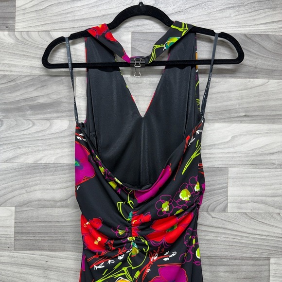 David Meister Halter Asymmetrical Dress Women's 10 Black Pink Floral Sleeveless - Picture 8 of 15